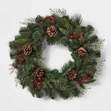 Load image into Gallery viewer, 18&quot; Mixed Greenery Artificial Christmas Wreath with Berries and Pinecones (Local Pick-up/Delivery Only)
