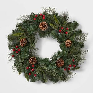 18" Mixed Greenery Artificial Christmas Wreath with Berries and Pinecones (Local Pick-up/Delivery Only)